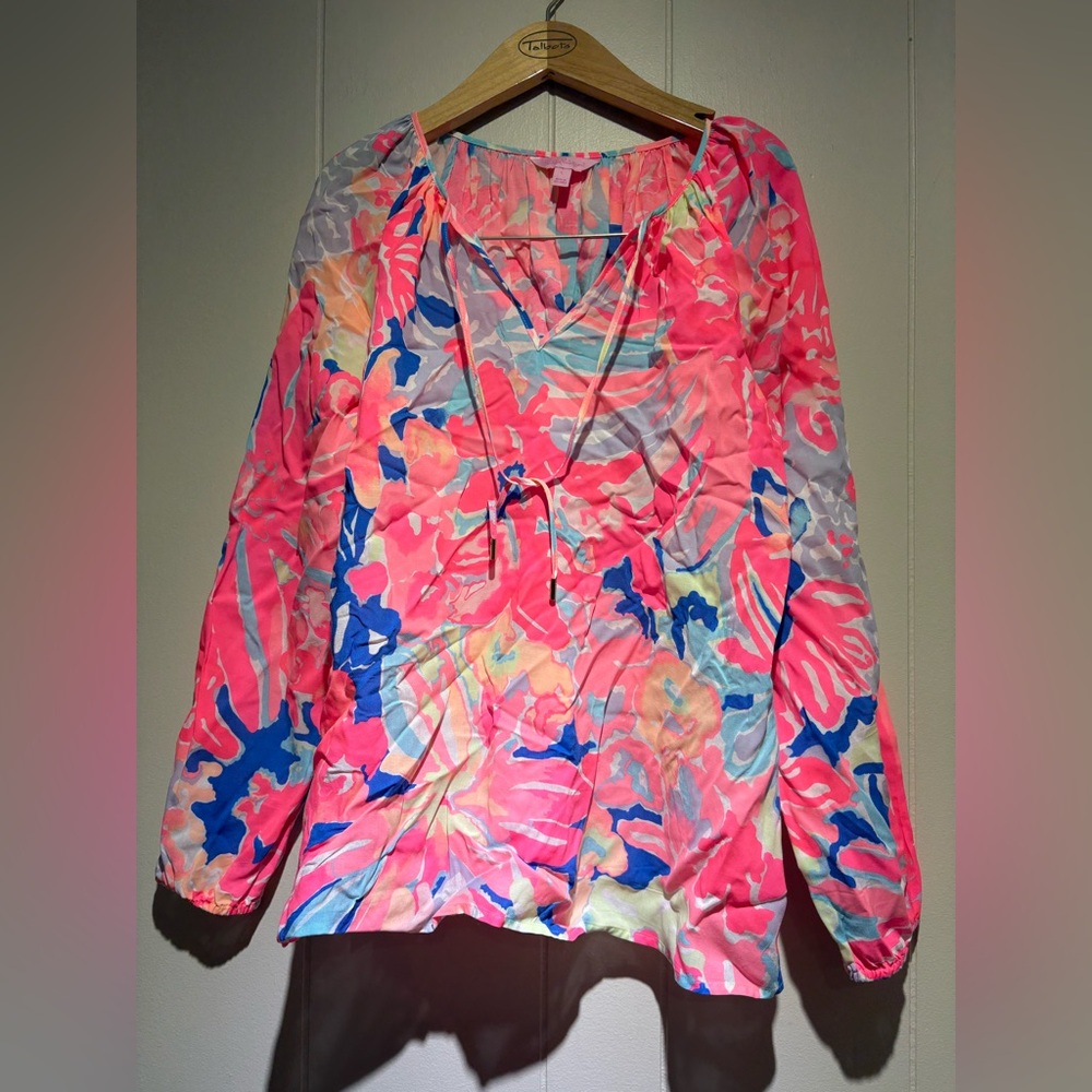 Lilly Pulitzer peasant blouse large pink watercolor floral hot pink